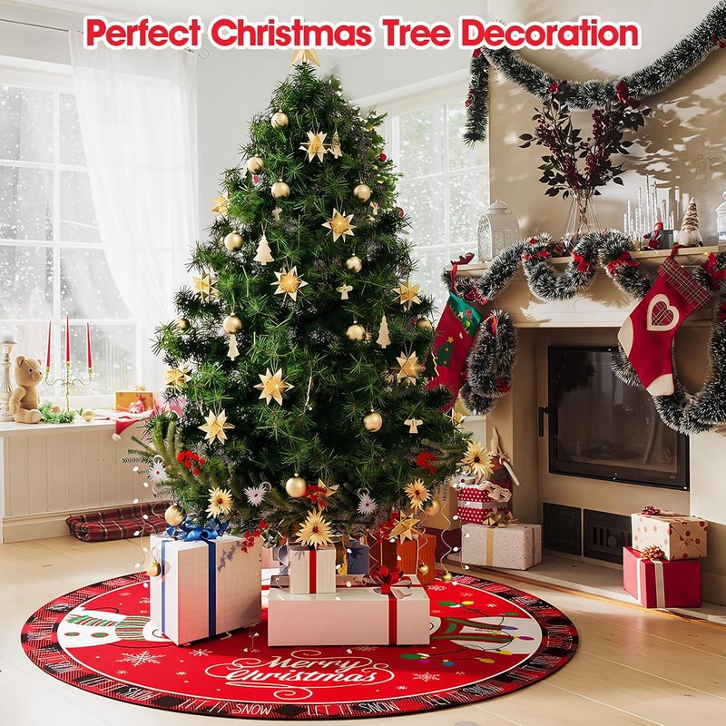 PERFQU 48 Inch Merry Christmas Tree Skirt - Large Red Xmas Tree Skirts Mat Decoration, Cute Winter Snowman Round Skirt for Indoor Outdoor Home Christmas Tree Decorations Holiday Party Decor - Image 2